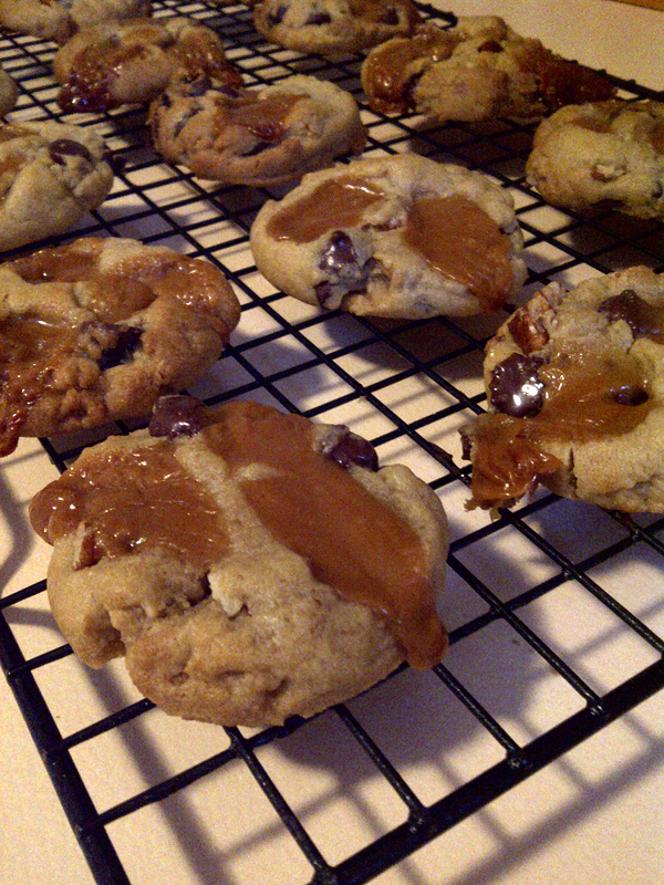 First batch of salted caramel pecan chocolate chip cookies (recipe via Sally's Baking Addiction blog)